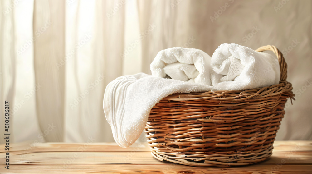 Wicker basket with soft towels on wooden table