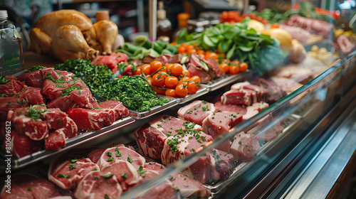 Delicatessen counter filled with prime cuts of meat and poultry chilling photo
