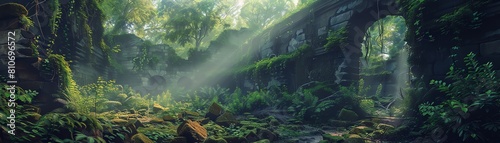 A lush overgrown jungle has reclaimed a set of ancient ruins. Sunlight filters through the thick canopy. The air is thick with the scent of damp earth and moss. photo