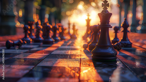 Solemn chess queen casting a long shadow over fallen pieces at dusk photo