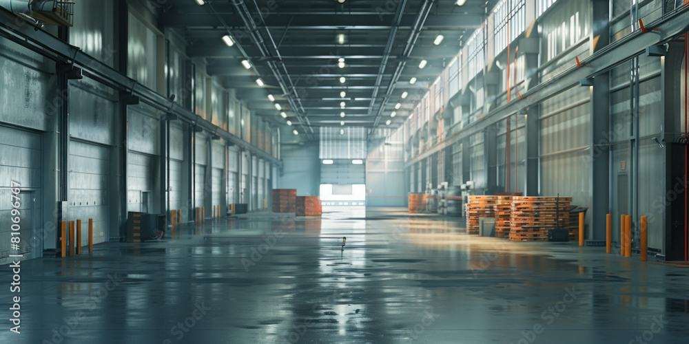 Large industrial warehouse interior with bright overhead lighting and numerous crates and pallets scattered on the floor