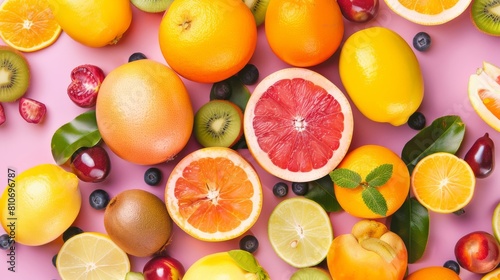 A colorful assortment of fruits including oranges  lemons  kiwis  and grapes