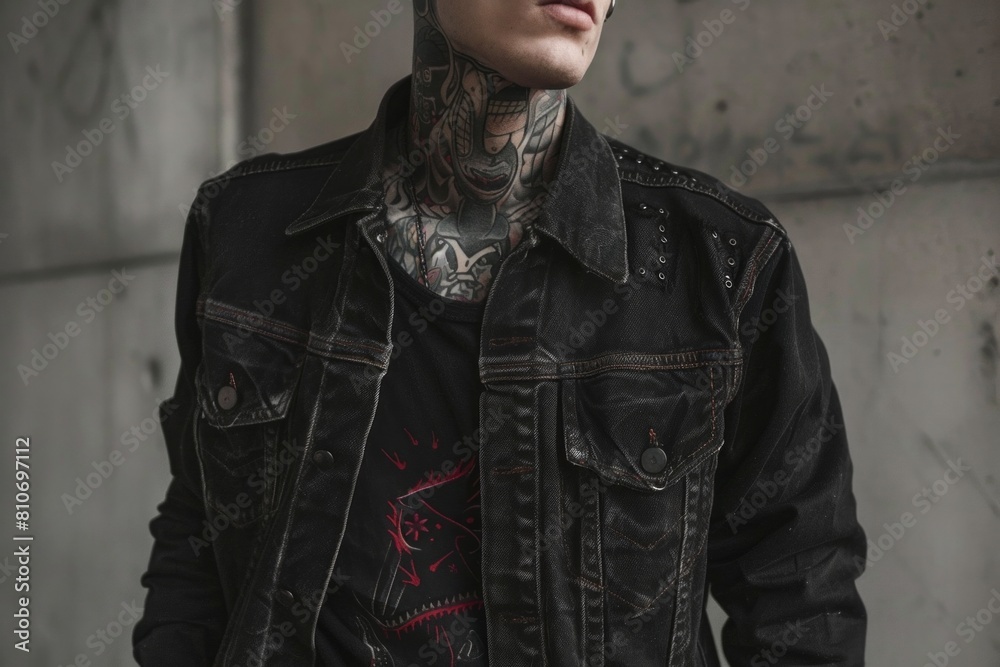Rude young man with jeans clothes and tattoos outdoors Rude young man with jeans clothes and tattoos outdoors