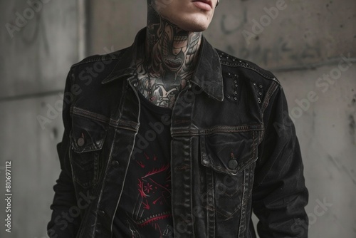 Rude young man with jeans clothes and tattoos outdoors photo