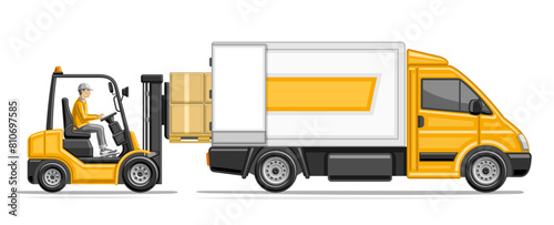 Vector illustration of Loading Truck, horizontal header with profile side view forklift load pallet with cardboard boxes in delivery truck, postal lorry truck with yellow cabin on white background