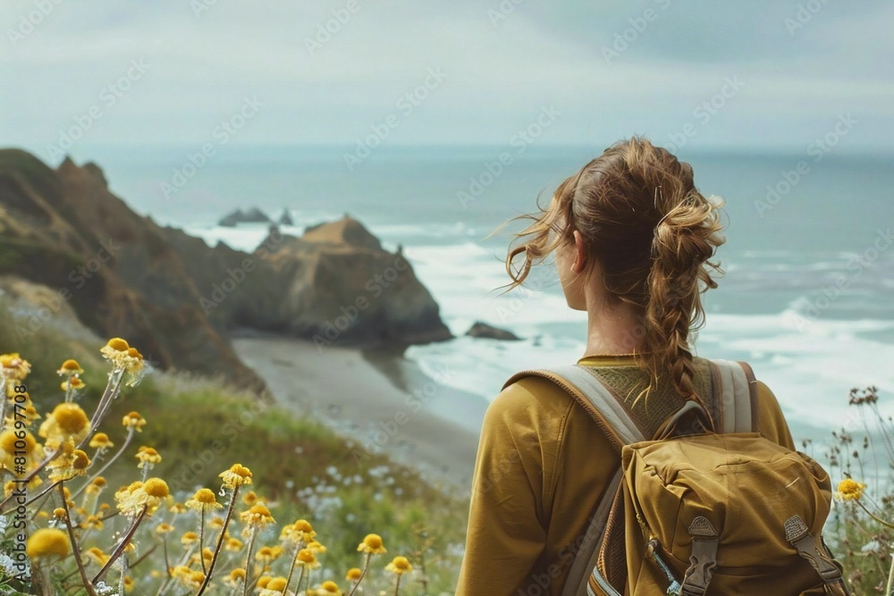 Peaceful Pacific Coast Hike with Young Caucasian Woman Peaceful Pacific Coast Hike with Young Caucasian Woman