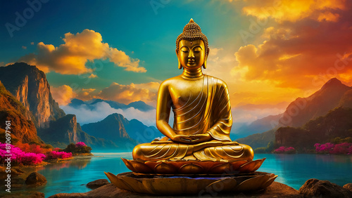 Golden Buddha statue on a bright blue sky background