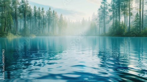 Obraz przedstawia jezioro otoczone przez drzewa. Woda jeziora jest spokojna, a drzewa otaczają je z każdej strony photo