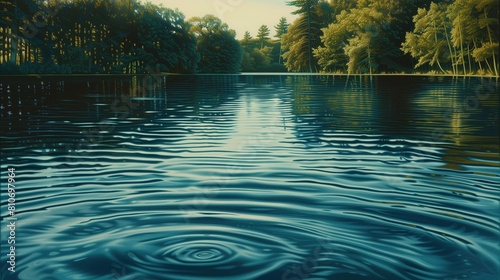 Obraz przedstawia jezioro, wokół którego rosną drzewa. Malowidło wykonane w technice hiperrealistycznej
