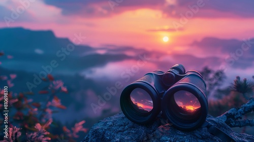 Sunrise view through professional binoculars on a misty mountaintop