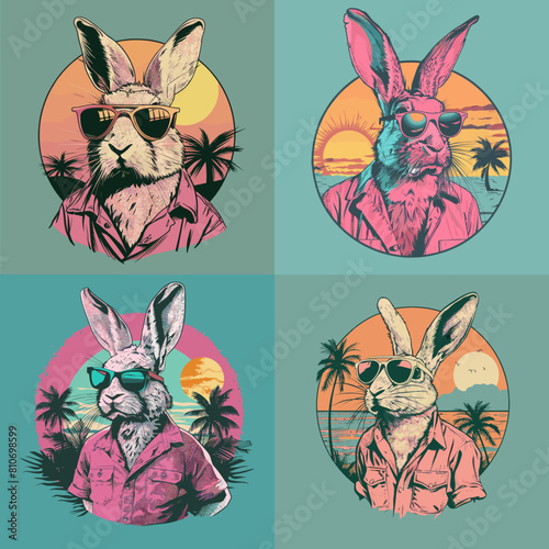 Retro-styled rabbit illustrations wearing sunglasses and Hawaiian shirts, set against a tropical sunset background. A vibrant and trendy design perfect for fashion, digital art, and creative prints
