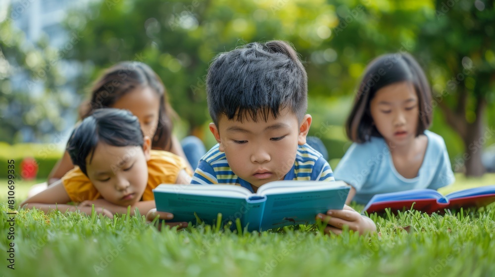 Children Reading Books in Park Children Reading Books in Park