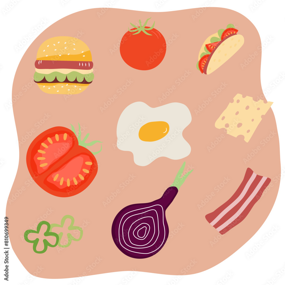 food pattern include burger, onion, paprika sliced, tomato, egg, bacon, tacos, cheese perfect for backgrounds, packaging, textiles, Food and Beverage Designs food pattern include burger, onion, paprika sliced, tomato, egg, bacon, tacos, cheese perfect for backgrounds, packaging, textiles, Food and Beverage Designs