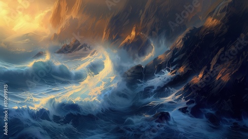 Malowidło przedstawiające ogromną falę rozbijającą się w oceanie na tle skalistych klifów. Fala jest potężna i pełna energii, tworząc piękną, ale także niebezpieczną scenerię