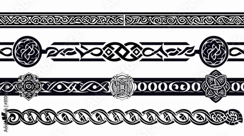 Celtic borders. Seamless vintage border frames with celtic folk knots tattoo black and white decorative design. Pattern brushes, endless chains vector set 3D avatars set vector icon, white background photo