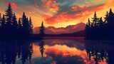  A tranquil mountain lake reflecting the fiery colors of a sunset sky, with silhouetted peaks and pine trees framing the horizon, presenting a stunningly beautiful view of nature's artistry. . 
