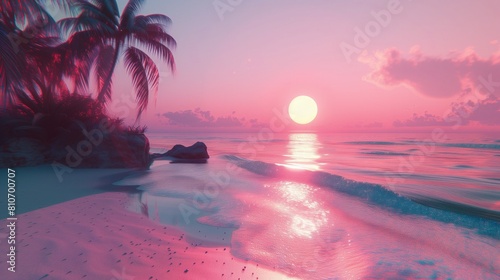 Słońce zachodzi nad oceanem, na tle palm. Krajobraz jest spokojny i relaksujący, idealny do obserwacji zachodzącego słońca photo