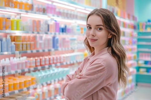 Young Caucasian Woman Posing with Pastel Beauty Product Packaging Mock-up in Store Shelf