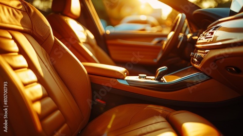 Golden hour lighting inside a premium automobile with detailed leather seating photo