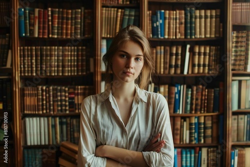 Portrait of a Young Caucasian Woman Surrounded by a Vintage Book Collection in a Library Interior