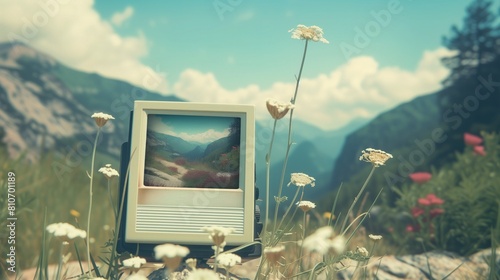 Zdjęcie przedstawia starą telewizję stojącą na środku pola, otoczoną przez przyrodę. Słońce świeci, a niebo jest bezchmurne