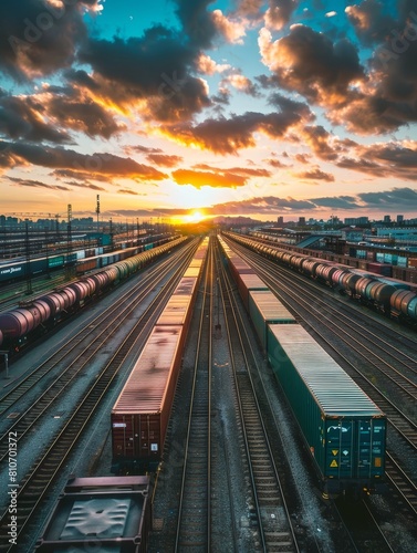 Vibrant Sunset Skies Enliven a Busy Rail Freight Station photo