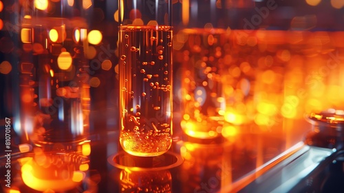 High-tech laboratory vials bubbling with activity in a luminous orange ambiance