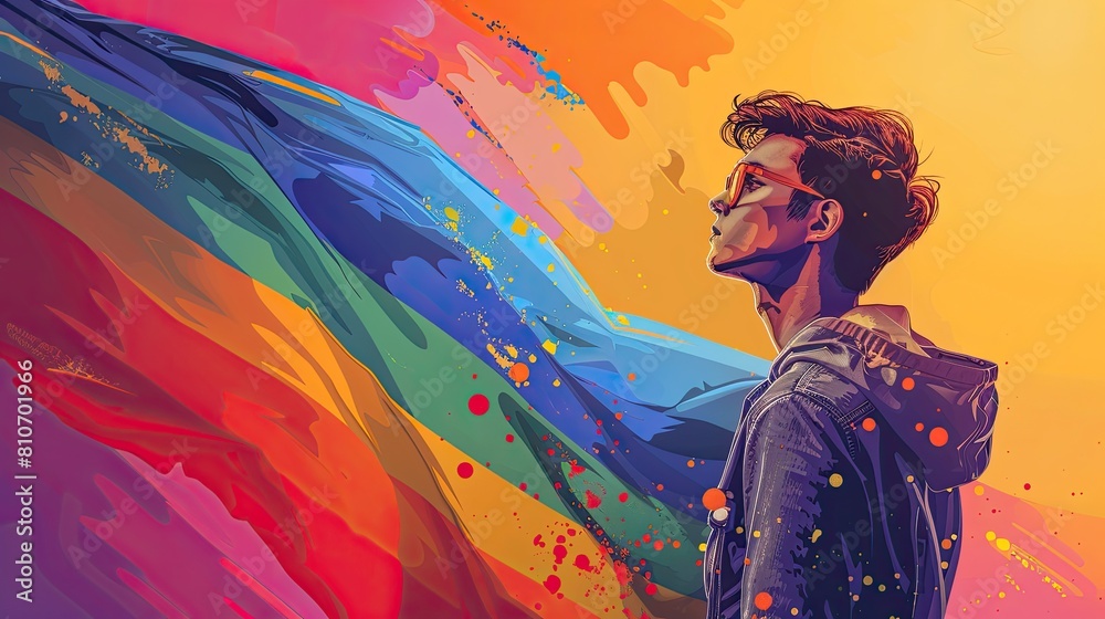 A young man in a hooded jacket and a pride flag. A young man in a hooded jacket and a pride flag.