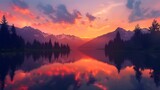  A tranquil mountain lake reflecting the fiery colors of a sunset sky, with silhouetted peaks and pine trees framing the horizon, presenting a stunningly beautiful view of nature's artistry. . 
