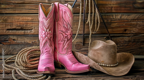 Fancy cowgirl boots with a cowboy hat and lasso rope background a wooden wall