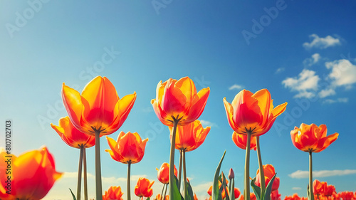 Beautifully blooming tulips on the background of a bright blue sky.