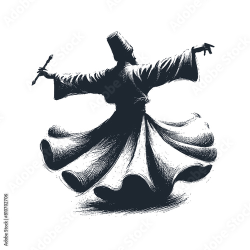 The Sufi dancers on stage. Black white vector illustration.
