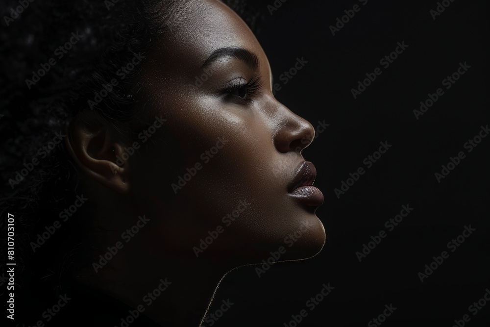 Portrait of a young African American woman in low key lighting, her features highlighted gracefully against a dark background.
Portrait of a young African American woman in low key lighting, her features highlighted gracefully against a dark background.