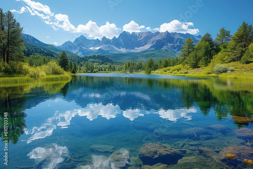 A Journey Through Pristine Waters Amidst Mountain Peaks, Under the Gentle Dance of Clouds in the Azure Sky.” lake in the mountains,