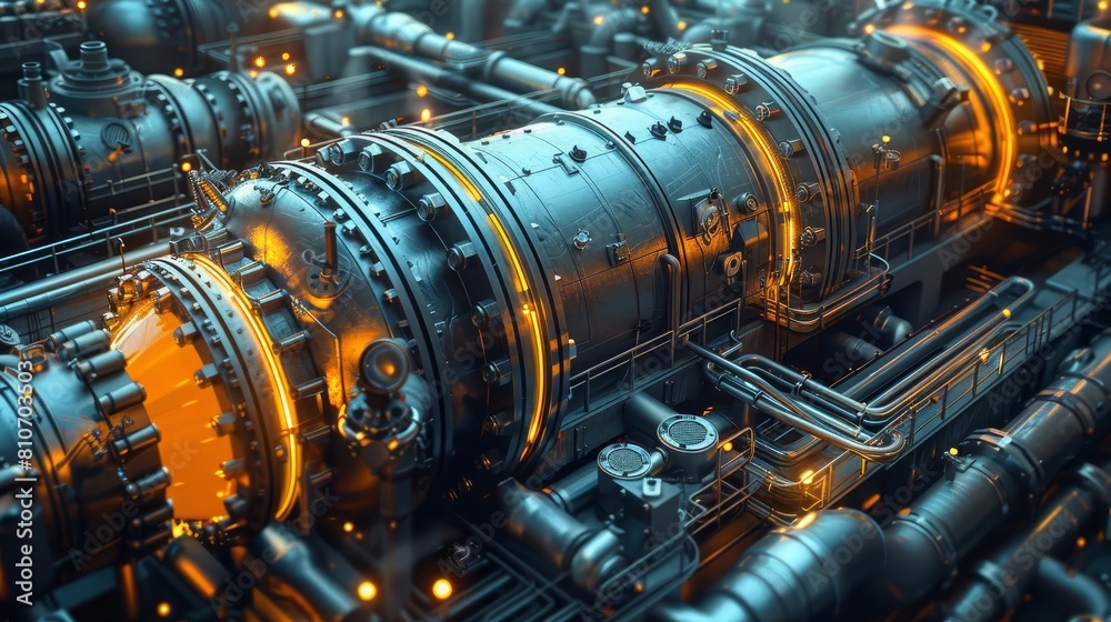 A steampunk machine. Pipes, gauges, and valves are connected to a large metal cylinder. The machine is powered by a steam engine. A steampunk machine. Pipes, gauges, and valves are connected to a large metal cylinder. The machine is powered by a steam engine.