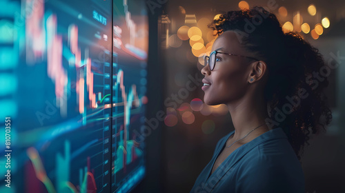 Businesswoman analyzing stock market trends and data on a digital tech screen in the office. Happy investor looking at stock data trends and graphs. Copy space for text - Generated by Generative AI