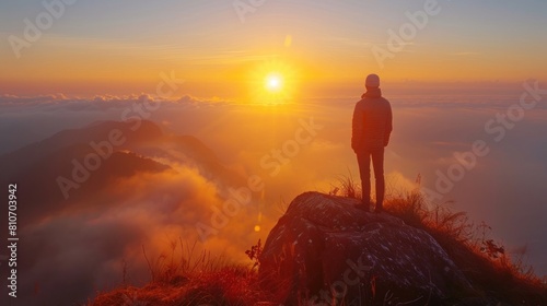 A man stands looking at the beautiful sunrise at breathtaking views from mountain at stunning sun.