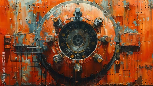 A large, rusty metal door with a complex locking mechanism