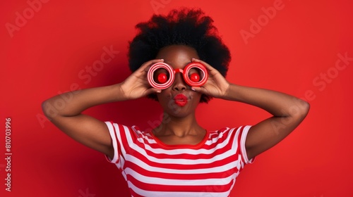 Woman with Red Binoculars photo