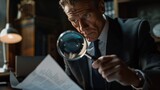 Detective Investigating Documents with Magnifier