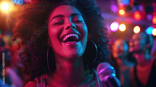 Smiling woman with curly hair sings joyfully into a microphone surrounded by colorful stage lights and an energetic audience