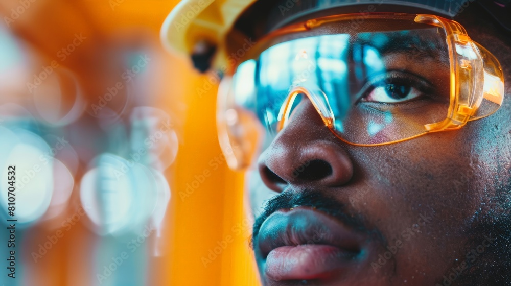 A close-up of an apprentices worn safety glasses reflecting their mentors instructions A close-up of an apprentices worn safety glasses reflecting their mentors instructions