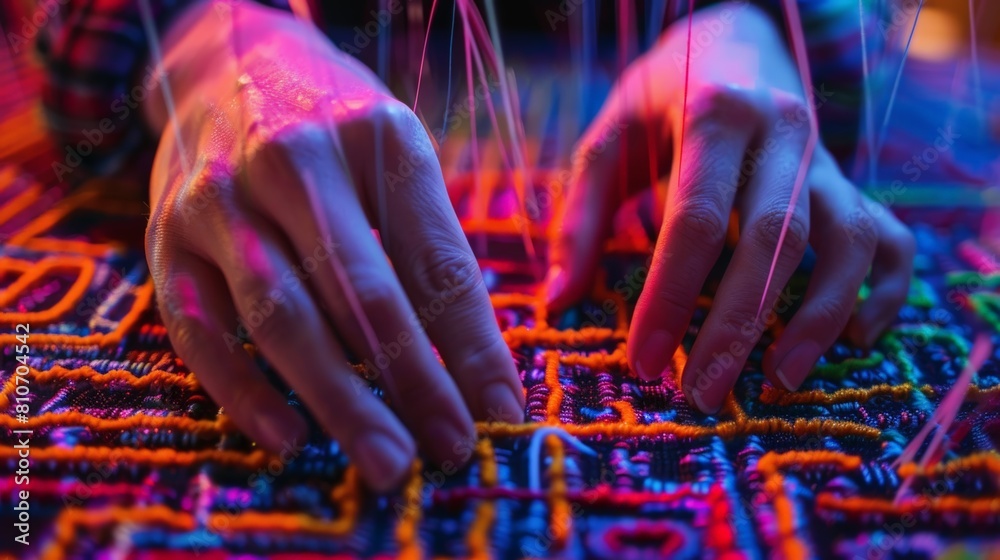A close-up of hands manipulating multicolored threads, navigating a complex three-dimensional maze A close-up of hands manipulating multicolored threads, navigating a complex three-dimensional maze