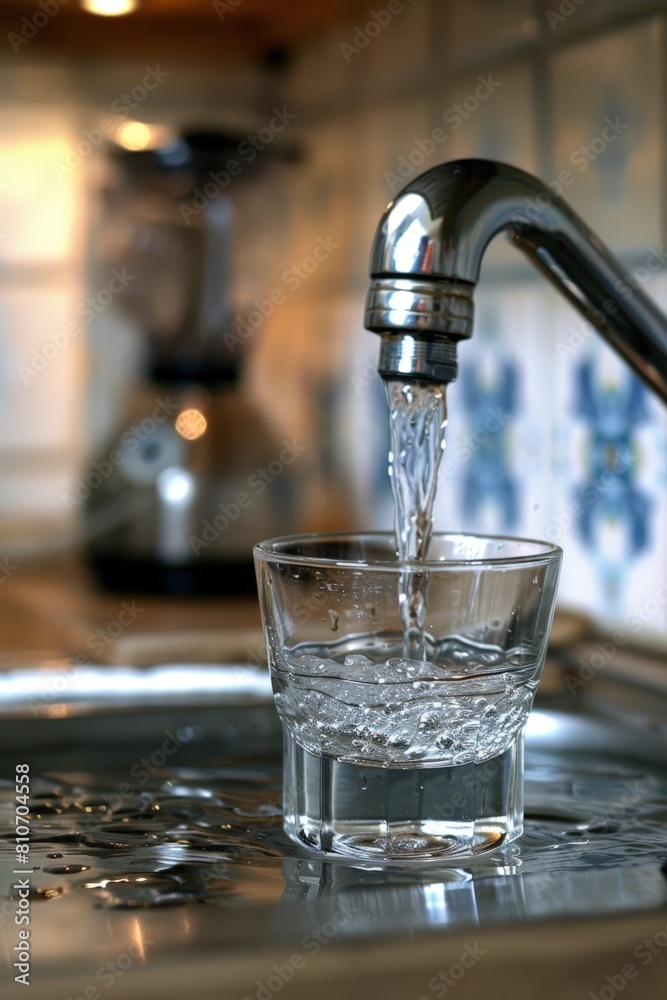 A glass cup being filled with clean water from a tap in the kitchen A glass cup being filled with clean water from a tap in the kitchen