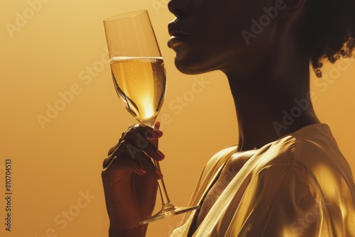 Elegant woman holding a champagne flute, silhouette against a golden background. Perfect for luxury and celebration themes.