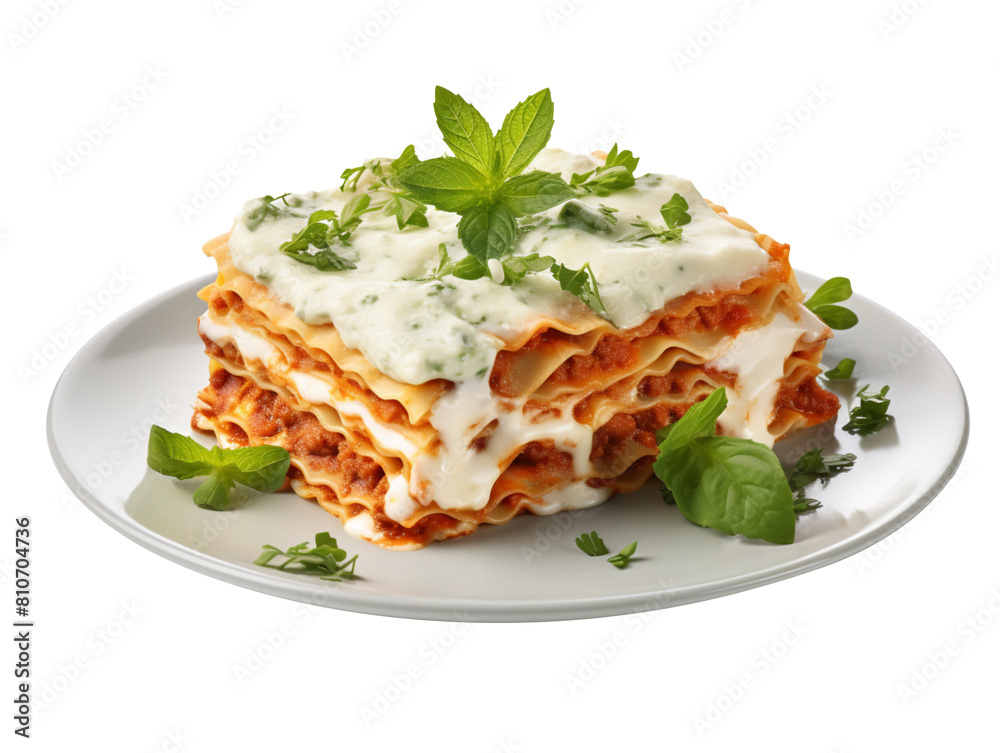Lasagna baked Italian dish isolated on transparent background
