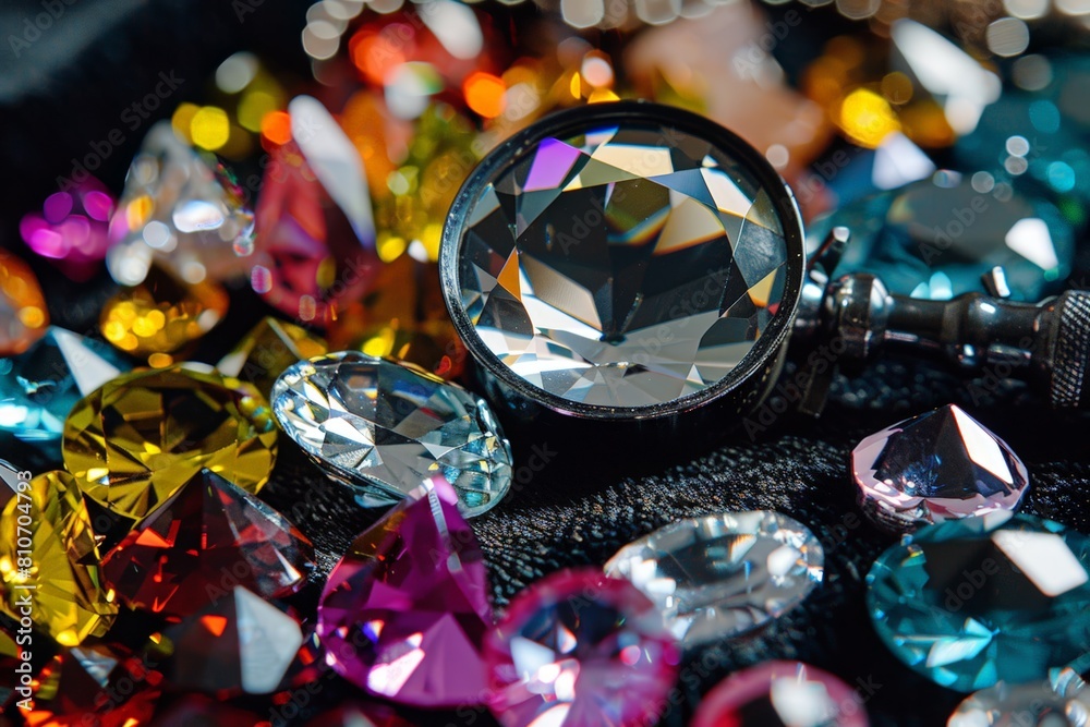 Close-up of a jewelers loupe and an array of sparkling gemstones laid out on black velvet Close-up of a jewelers loupe and an array of sparkling gemstones laid out on black velvet