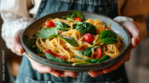 Woman holding plate with tasty pasta and spinach close