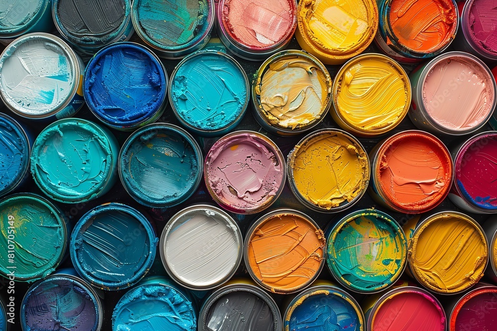 Background made with paint cans in various colors. Generative Ai Background made with paint cans in various colors. Generative Ai