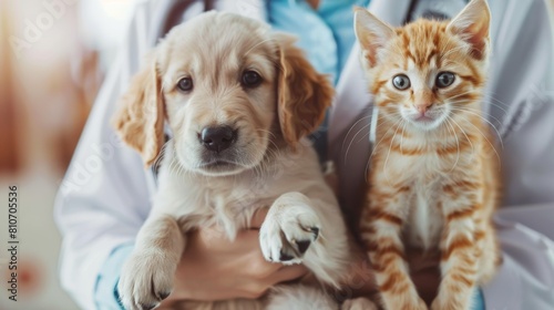 Veterinarian Holding Puppy and Kitten photo